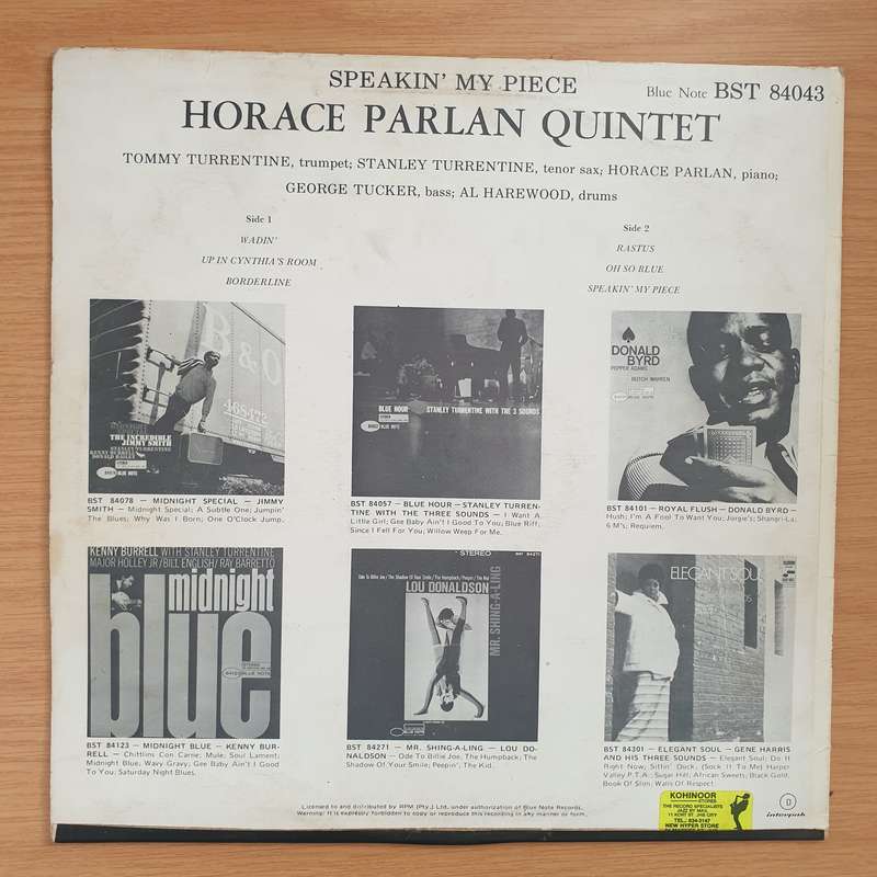 Horace Parlan Quintet  Speakin' My Piece (Blue Note) - Vinyl LP Record - Very-Good- Quality...