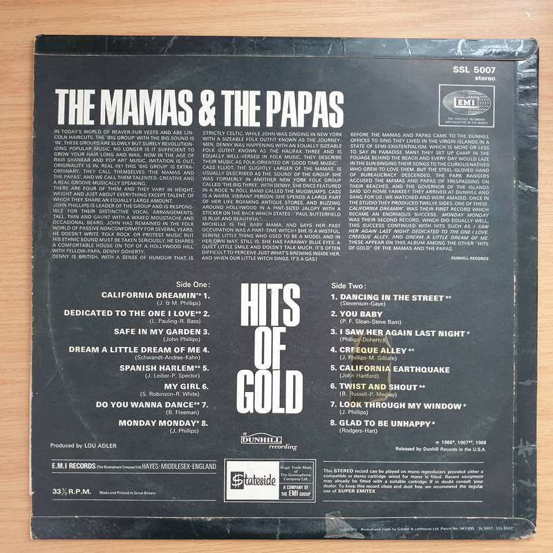 The Mamas & The Papas  Hits Of Gold -  Vinyl LP Record - Very-Good Quality (VG) (verry)