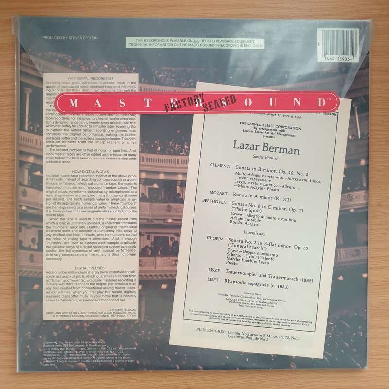 Lazar Berman  Live At Carnegie Hall CBS Mastersound Audiophile Pressing  Double Vinyl LP Re...