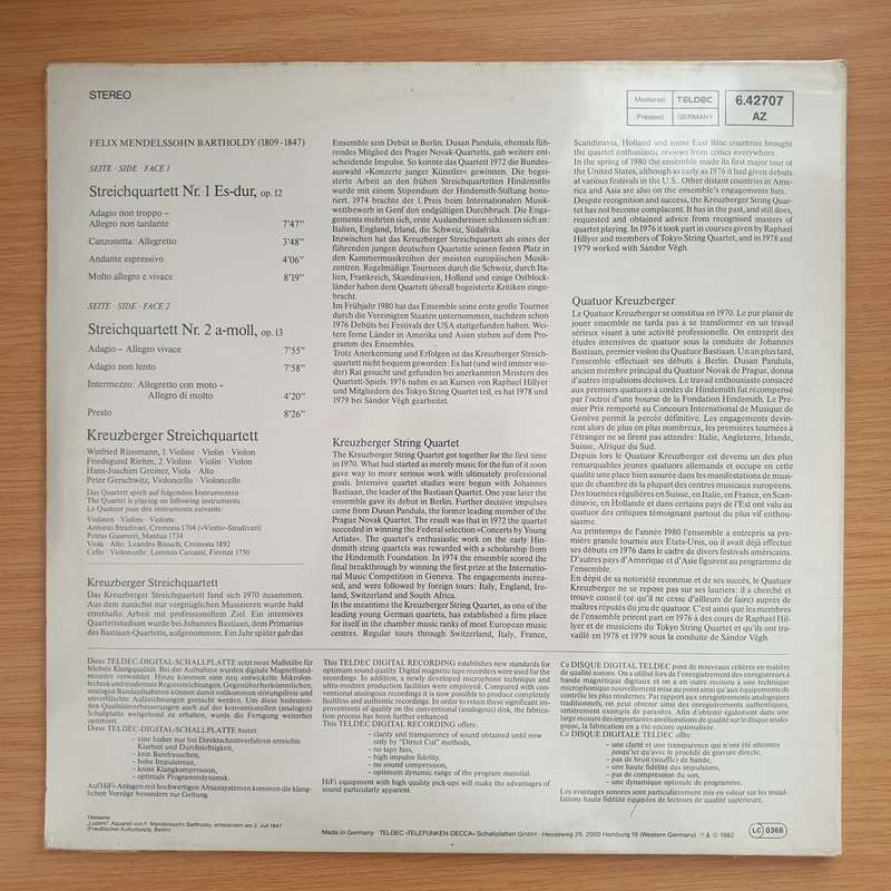 Mendelssohn - Felix Mendessohn Barthody - StreichQuartette - DMM (Direct Metal Mastering) - Vinyl...