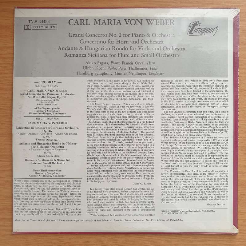 Carl Maria Von Weber, Hamburg Symphony, Gunter Neidlinger  Grand Concerto No. 2 For Piano & Or...