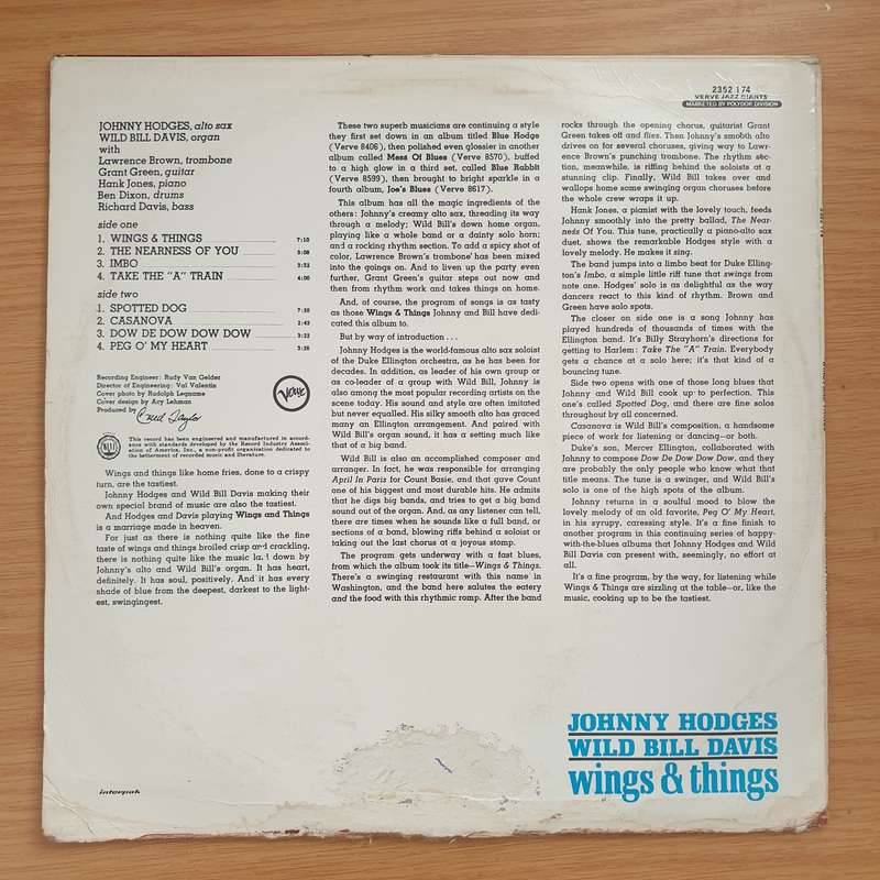 Johnny Hodges / Wild Bill Davis  Wings & Things - Vinyl LP Record - Very-Good+ Quality (VG+)