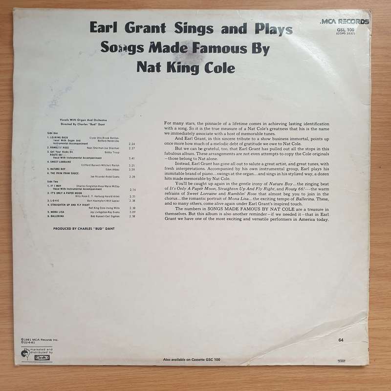 Earl Grant  Sings And Plays Songs Made Famous By Nat Cole - Vinyl LP Record - Very-Good+ Quali...