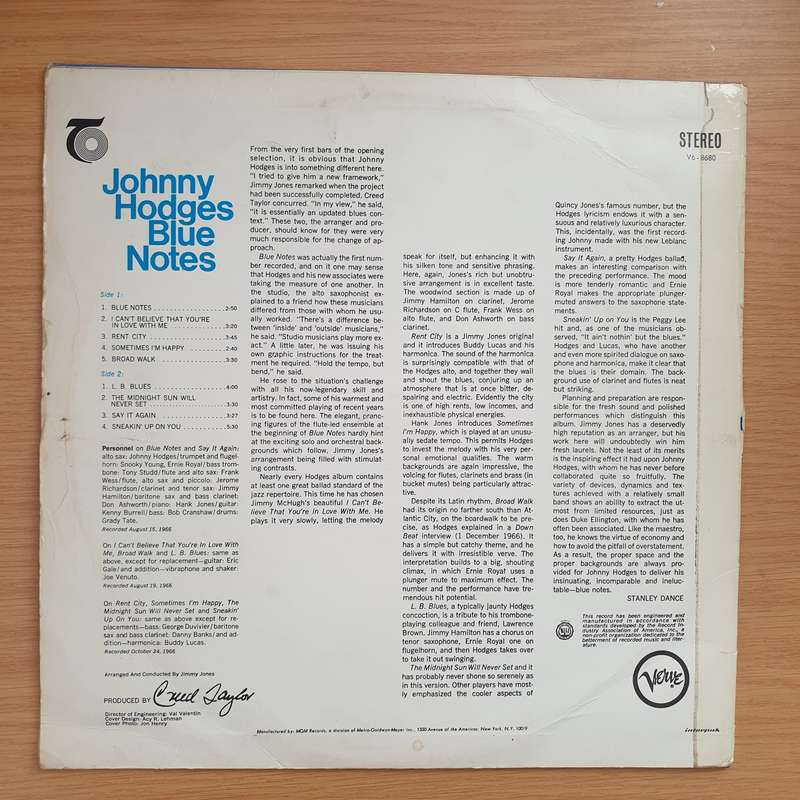 Johnny Hodges  Blue Notes - Vinyl LP Record - Very-Good+ Quality (VG+)