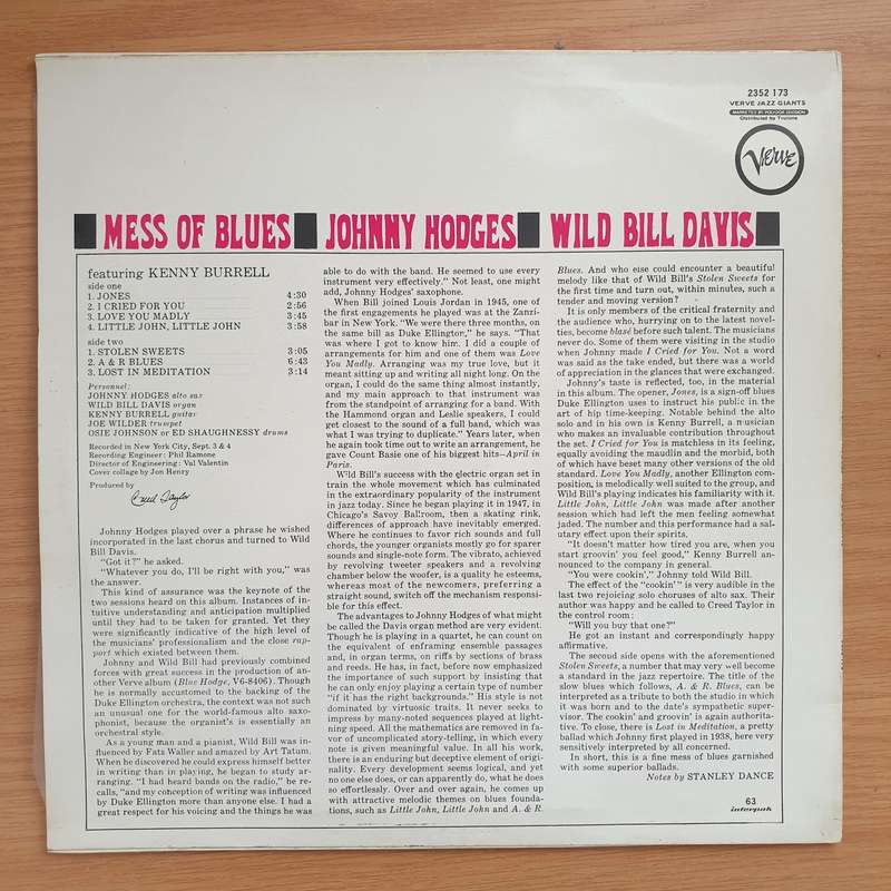 Johnny Hodges - Wild Bill Davis  Mess Of Blues - Vinyl LP Record - Very-Good+ Quality (VG+)