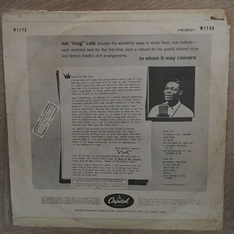 Nat King Cole -To Whom It May Concern - Vinyl LP Record - Opened  - Very-Good- Quality (VG-)