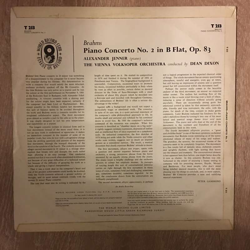Dean Dixon Conducts Brahms Piano Concerto No. 2 - Vinyl Record - Opened  - Very-Good+ Quality (VG+)