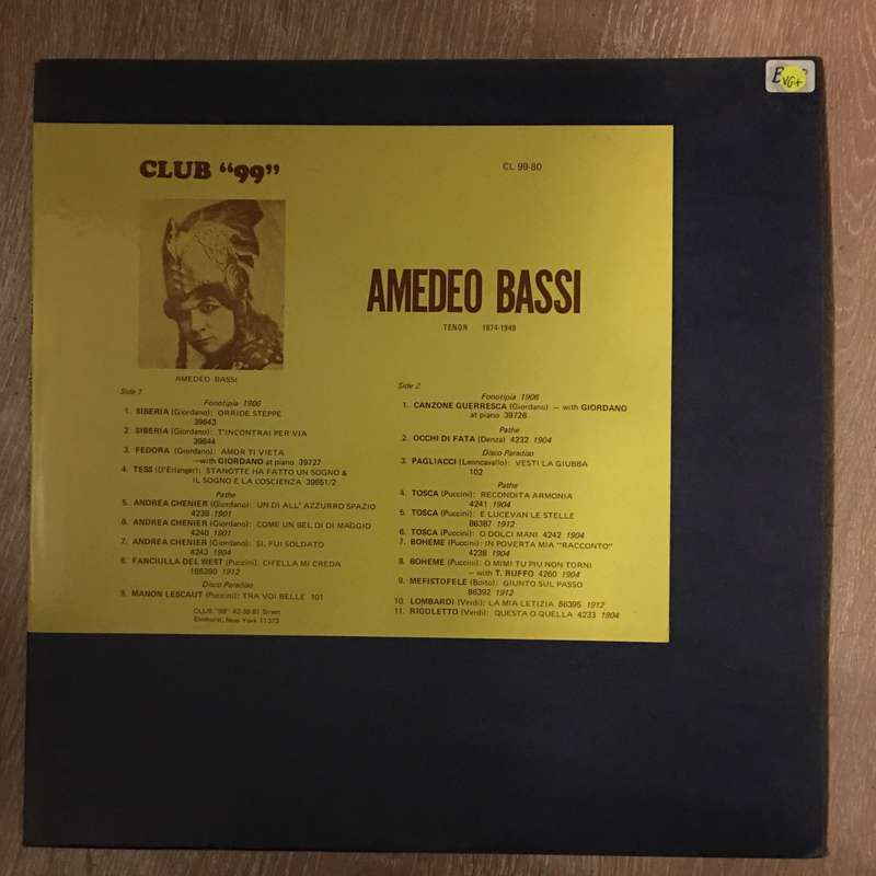 Amedeo Bassi - "Club 99" - Vinyl LP Record - Opened  - Very-Good+ Quality (VG+)