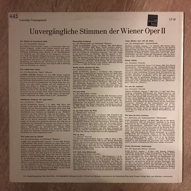 Various  Unvergängliche Stimmen Der Wiener Oper - Vinyl LP Opened - Near Mint Condition (NM)