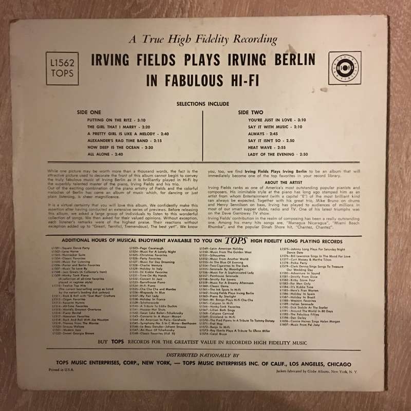 Irving Fields  Irving Fields Plays Irving Berlin  - Vinyl LP Record - Opened  - Very-Good Q...