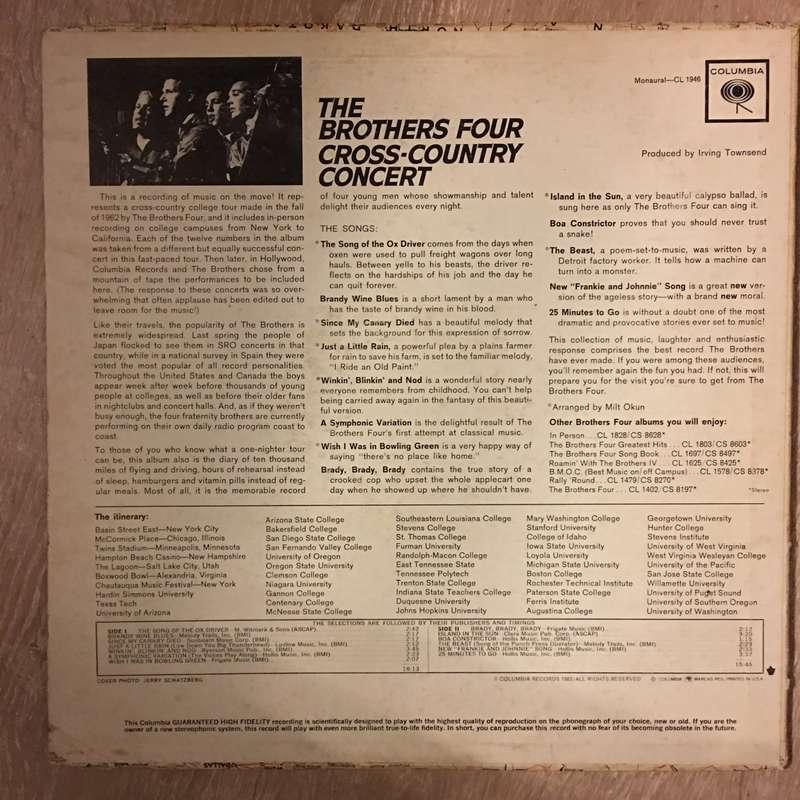 The Brothers Four - Cross Country Concert - Vinyl LP Record - Opened  - Very-Good- Quality (VG-)