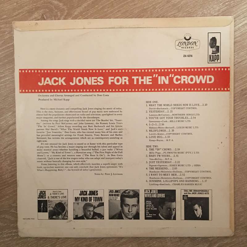 Jack Jones  For The "In" Crowd - Vinyl Opened  LP Record - Very-Good Quality (VG)