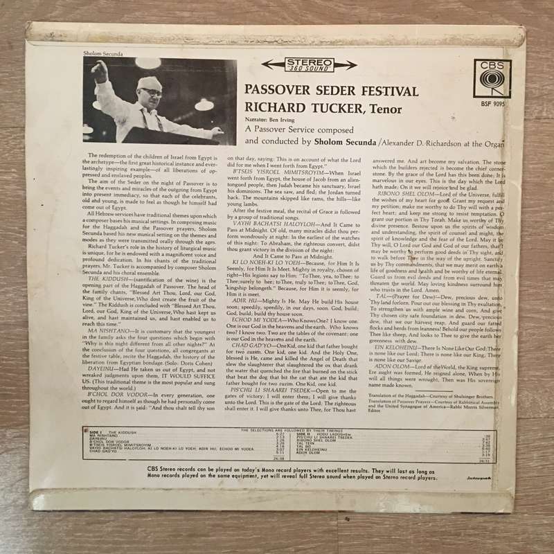 Richard Tucker - Passover Seder Festival - Vinyl LP Record - Opened  - Very-Good+ Quality (VG+)