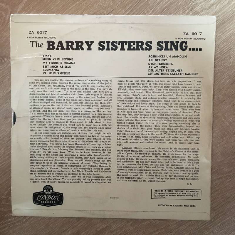 The Barry Sisters - My Mother's Sabbath Candles  Vinyl LP Record - Opened - Good+ Quality (G+)