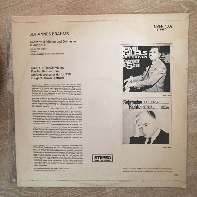 Brahms - Violinkonzert - David Oistrakh, Igor Oistrakh - Vinyl LP Record - Very-Good+ Quality (VG+)