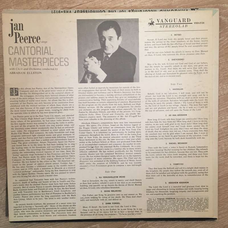 Jan Peerce - Cantorial Masterpeices - Vinyl LP Record - Opened  - Very-Good+ Quality (VG+)