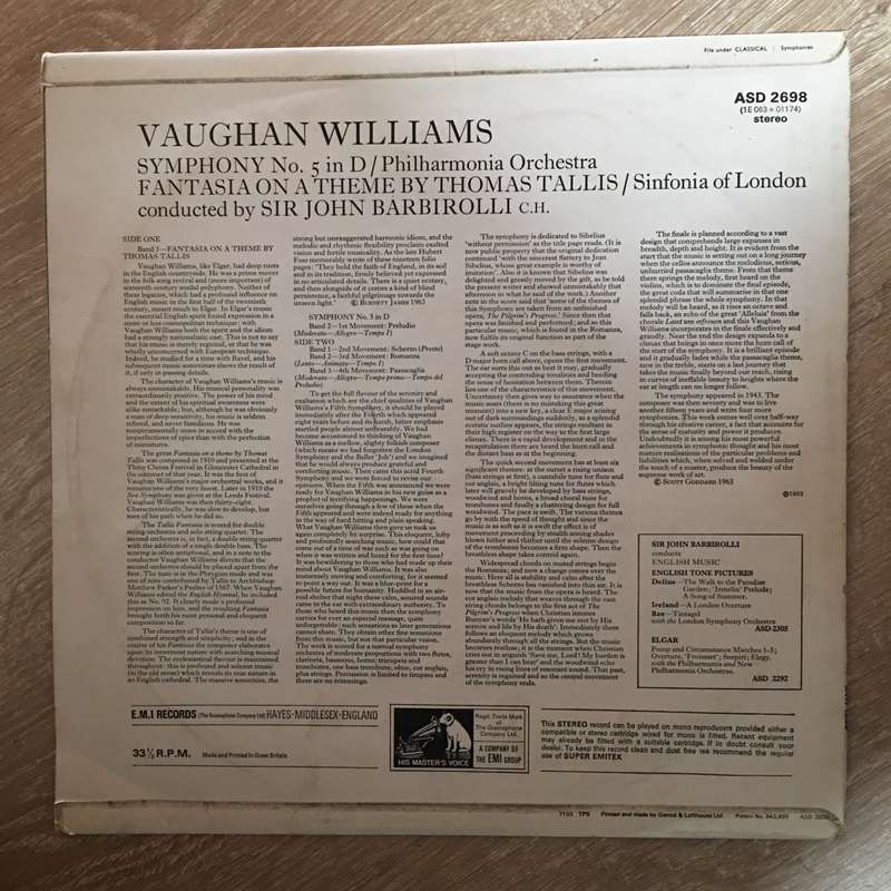 Vaughan Williams, Sir John Barbirolli, Philharmonia Orchestra, Sinfonia Of London*  Symphon...