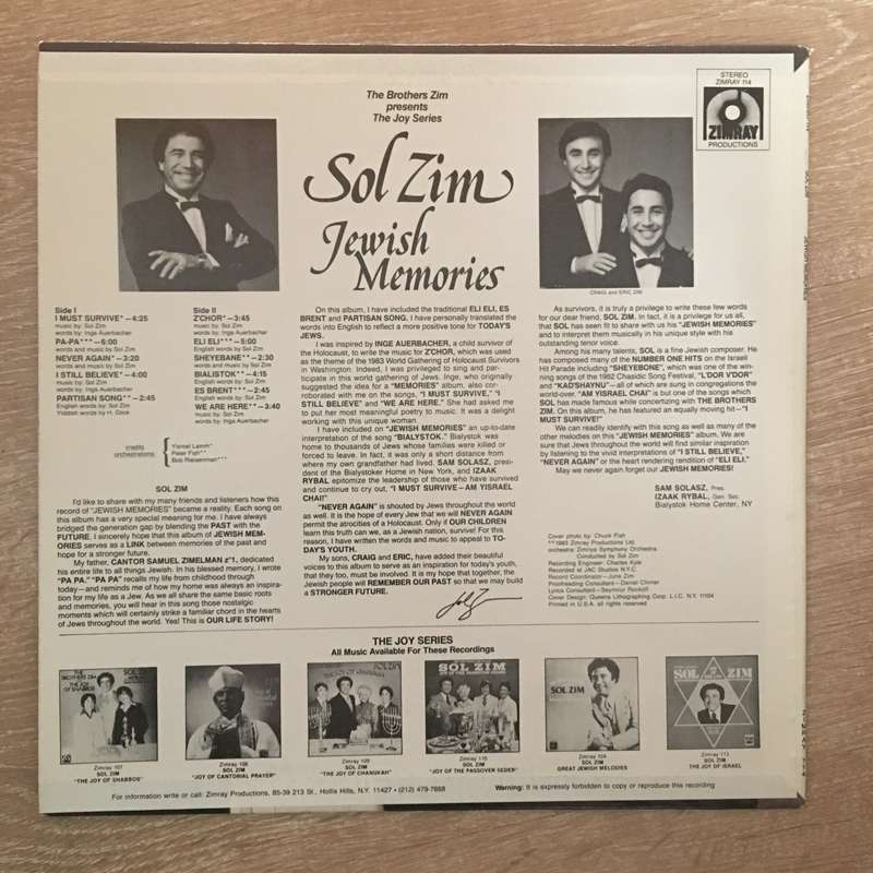 Sol Zim - Jewish Memories - Vinyl Record - Opened  - Very-Good+ Quality (VG+)