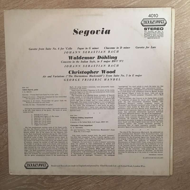 Segovia Segovia Plays Bach  - Vinyl Record - Opened  - Very-Good+ Quality (VG+)