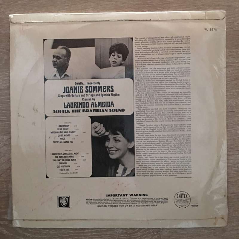 Joanie Sommers With Laurindo Almeida  Softly, The Brazilian Sound   Vinyl LP Record -...