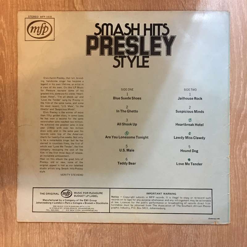 Smash Hits - Presley Style - Vinyl LP Record - Very-Good+ Quality (VG+)