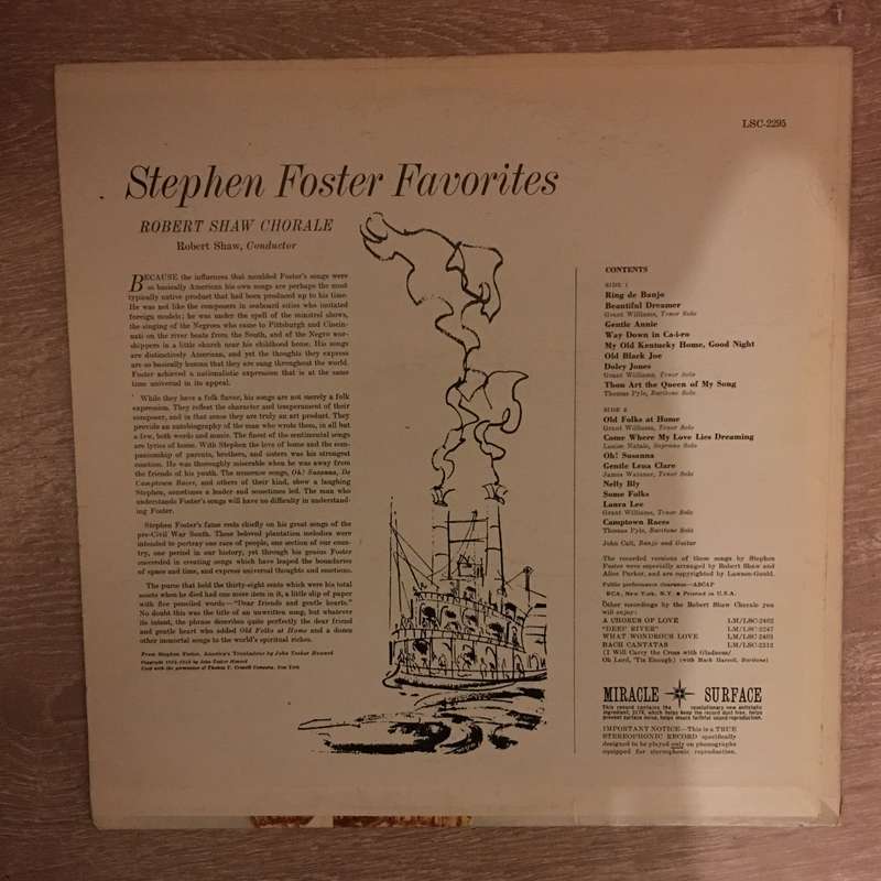 Robert Shaw Chorale  Stephen Foster Favorites - Vinyl LP Record - Opened  - Very-Good+ Qual...