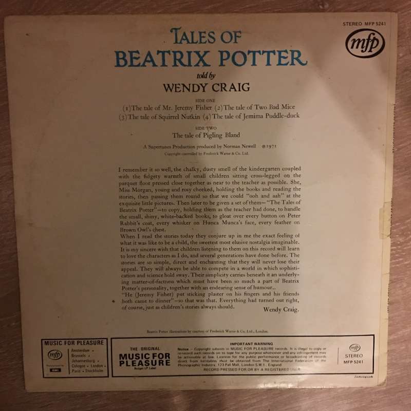 Wendy Craig  Tales Of Beatrix Potter- Vinyl LP Record - Opened  - Very-Good+ Quality (VG+)