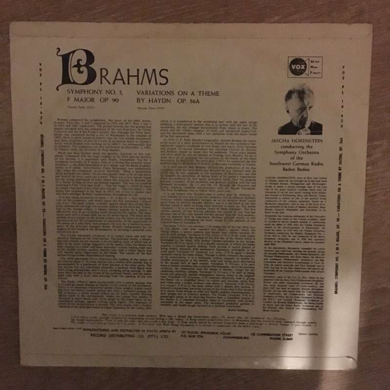 Brahms - Symphony No.3 - Horenstein  - Vinyl LP Record - Opened  - Very-Good Quality (VG)