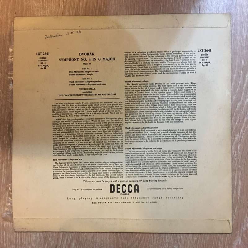Dvorak - Symphony No 4 - George Szell - Vinyl LP Record - Opened  - Very-Good+ Quality (VG+)
