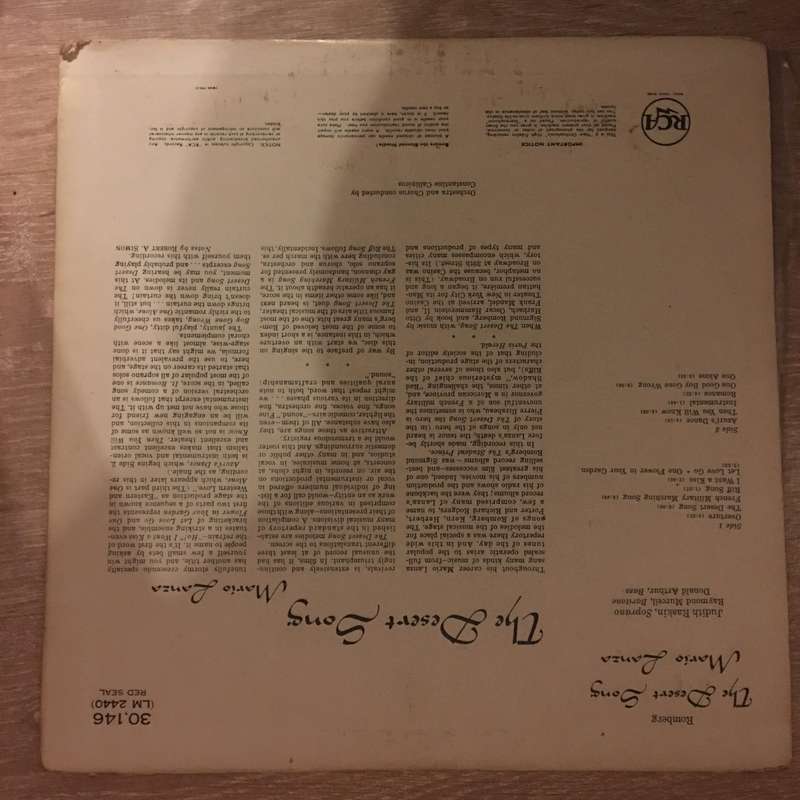 Mario Lanza  The Desert Song - Vinyl LP Record - Opened  - Very-Good- Quality (VG-)