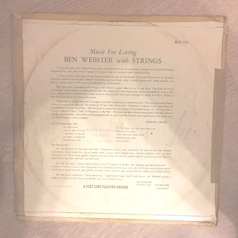 Ben Webster  Music For Loving - Vinyl LP Record - Opened  - Very-Good- Quality (VG-)