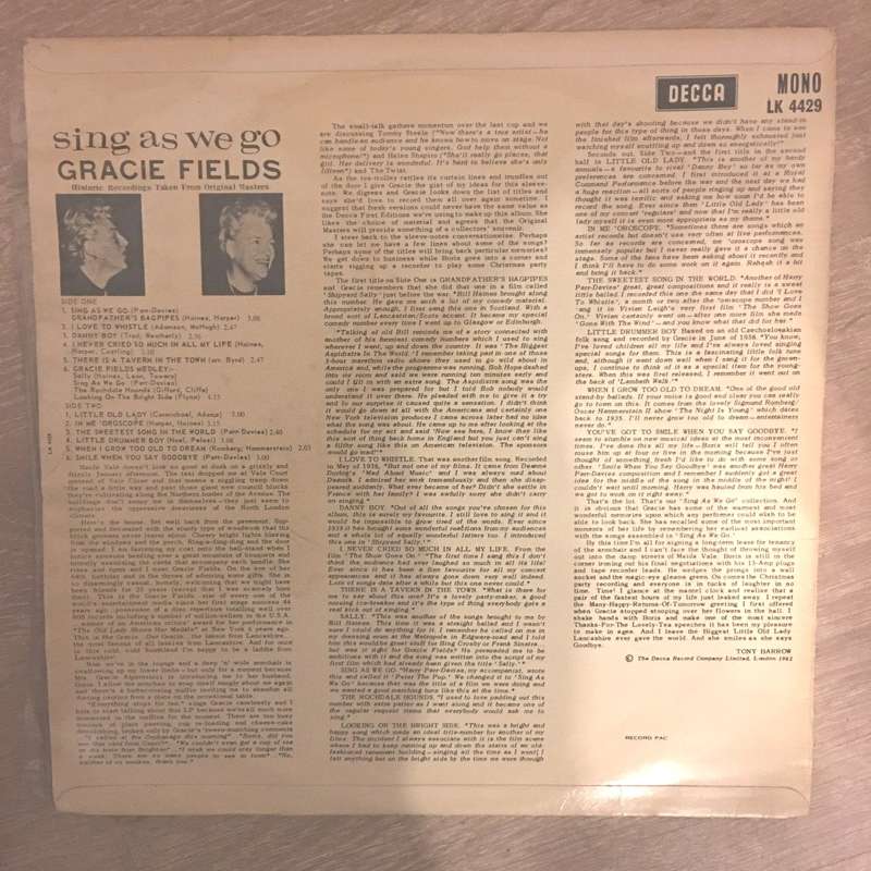 Gracie Fields  Sing As We Go - Vinyl LP Record - Opened - Very-Good Quality (VG) - Vinyl LP...