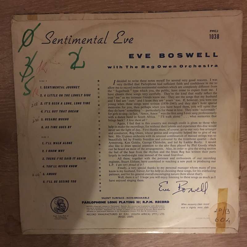 Eve Boswell with The Reg Owen Orchestra  Sentimental Eve - Vinyl LP Record - Opened  - Very...