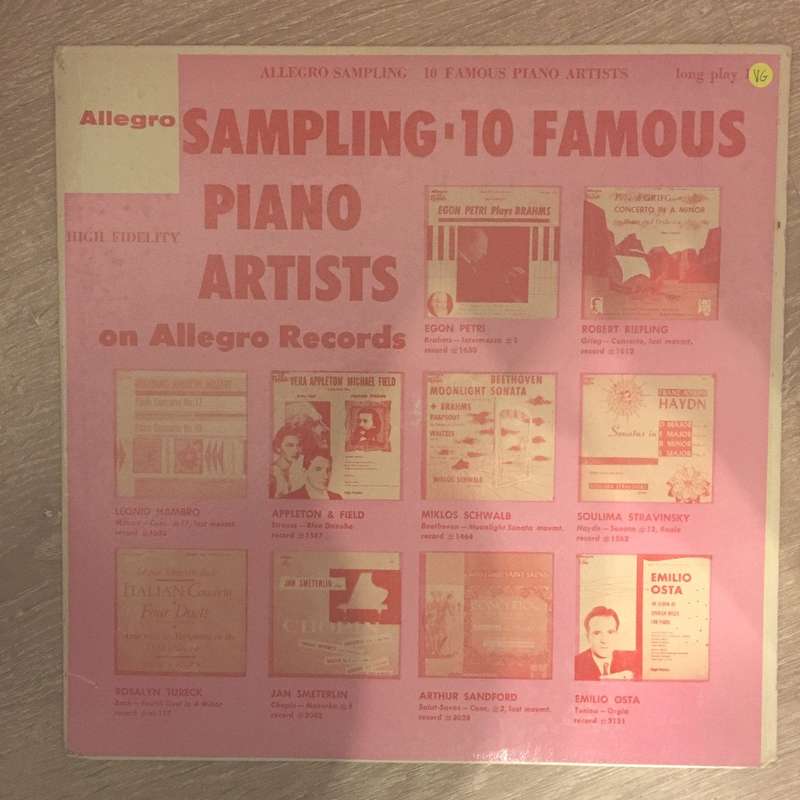 Allegro Sampling 10 Famous Piano Artists - Vinyl LP Record - Opened  - Very-Good Quality (VG)