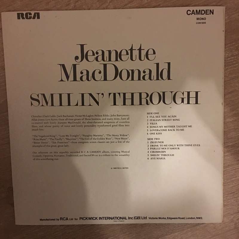 Jeanette McDonald  Smilin' Through -  Vinyl LP Record - Opened  - Very-Good+ Quality (VG+)