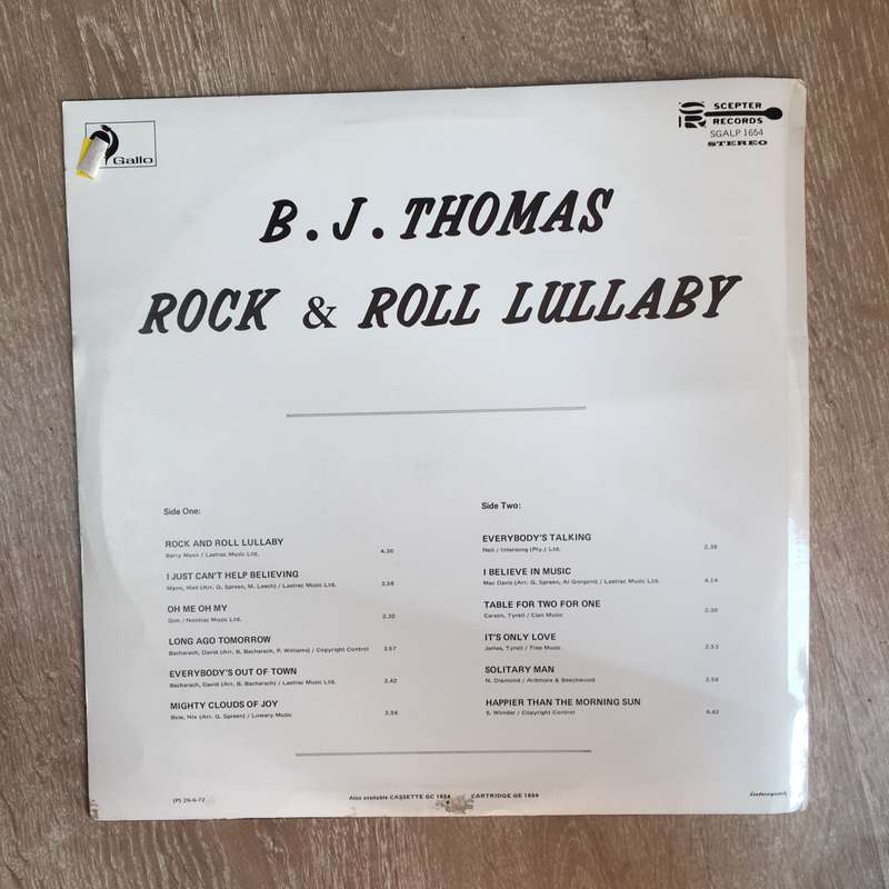 B.J Thomas - Rock & Roll Lullaby - Vinyl LP Record - Opened  - Very-Good Quality (VG)