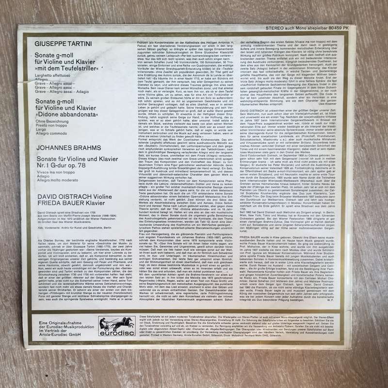 Oistrakh & Bauer -  Tartini & Brahms Violin Sonatas - Vinyl LP Record - Opened  - Good+ Quality (G+)