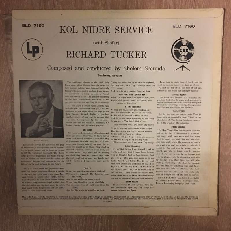 Richard Tucker  Kol Nidre Service - Vinyl LP Record - Opened  - Very-Good+ Quality (VG+)