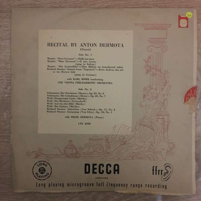 Anton Dermota Recital - Karl Bohm, Vienna Philharmonic  Vinyl LP Record - Opened  - Good+ Qual...