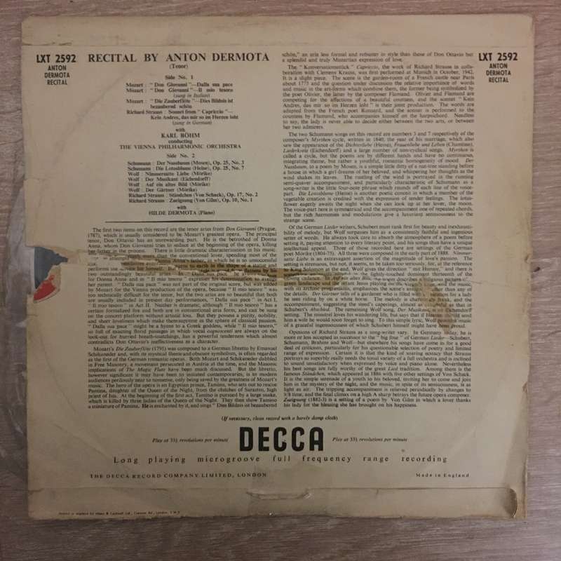Anton Dermota Recital - Karl Bohm, Vienna Philharmonic  Vinyl LP Record - Opened  - Good+ Qual...