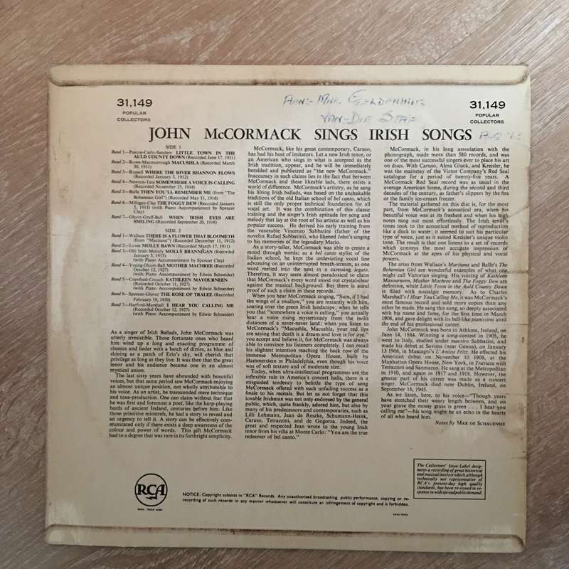 John McCormack Sings Irish Songs - Vinyl LP Record  - Opened  - Very-Good+ Quality (VG+) Vinyl