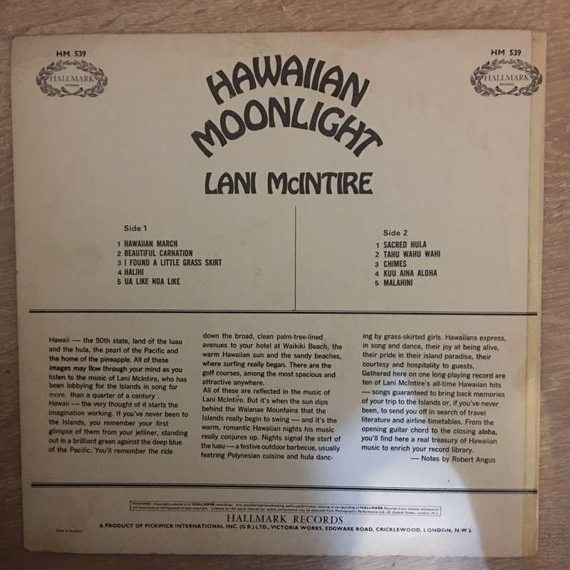 Lani McIntire  Hawaiian Moonlight - Vinyl LP Record - Opened  - Very-Good- Quality (VG-)