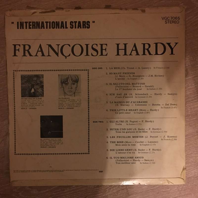 Francois Hardy - International Stars-  Vinyl LP Record - Opened  - Good Quality (G)