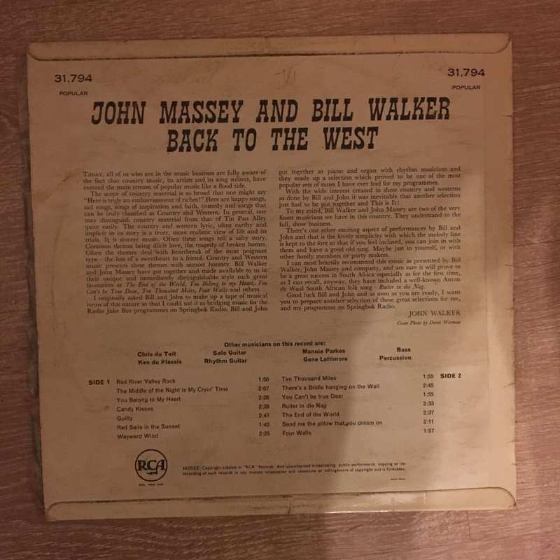 John Massey and Bill Walker - Back To The West -  Vinyl LP Record - Opened  - Good Quality (G)