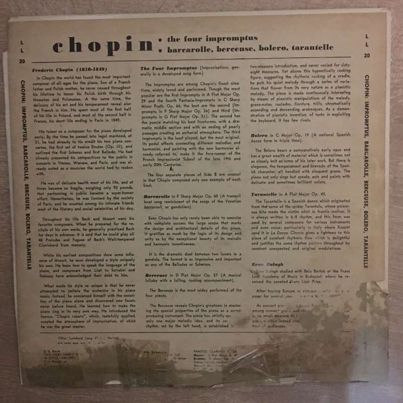 Frederic Chopin - Four Impromptus - Erno Balogh - Vinyl LP Record - Opened  - Very-Good Quality (VG)