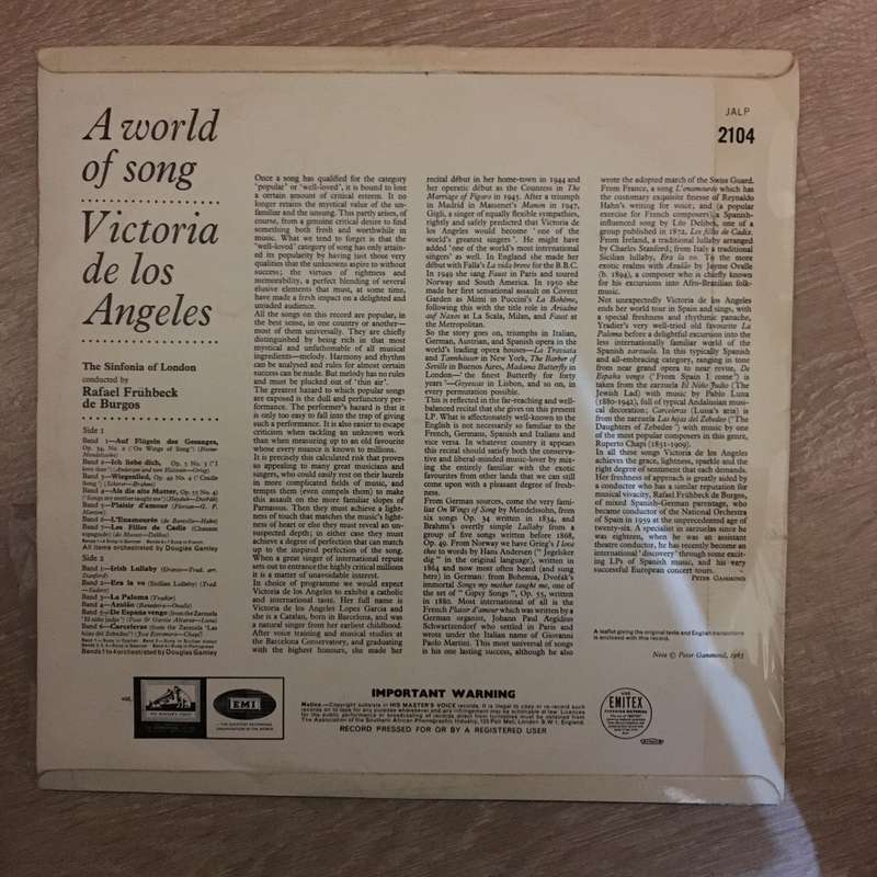 Victoria De Los Angeles  A World Of Song - Vinyl LP - Opened  - Very-Good+ Quality (VG+)