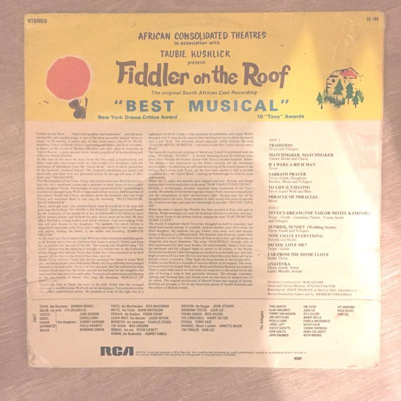 African Consolidated Theatres - Taubie Kaschlik -Fiddler on the Roof -  Very Rare - South African...