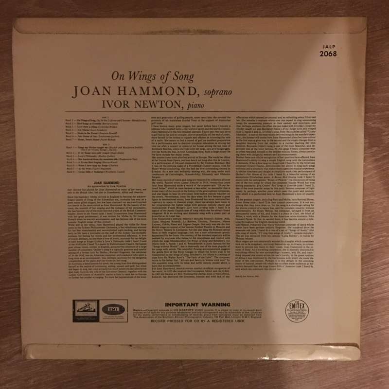 Joan Hammond - On Wings Of Song - Vinyl LP Record Opened - Near Mint Condition (NM)