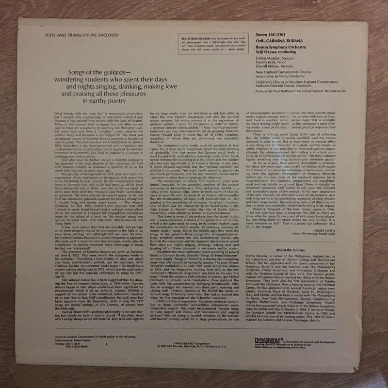 Orff, Boston Symphony, Ozawa, Evelyn Mandac  Stanley Kolk  Sherrill Milnes, New England Con...