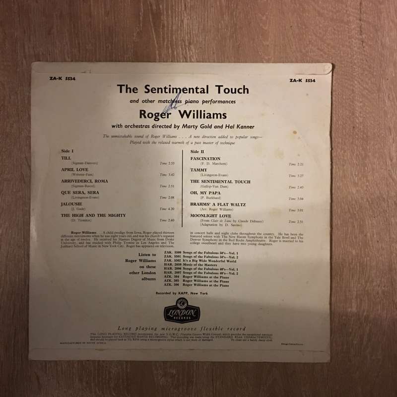 Roger Williams - The Sentimental Touch - Vinyl LP Record  - Opened  - Very-Good+ Quality (VG+)